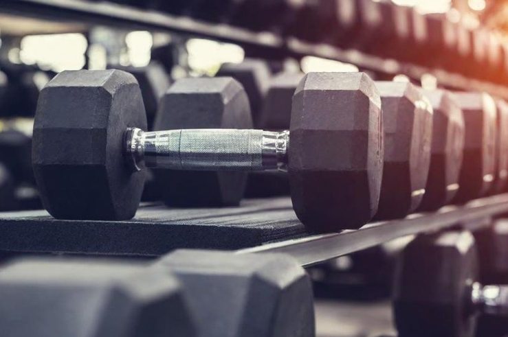 Symbolbild Krafttraining Geopolitik Reihe von Kurzhanteln, eine Hantel liegt hervorhebend zwischen anderen.